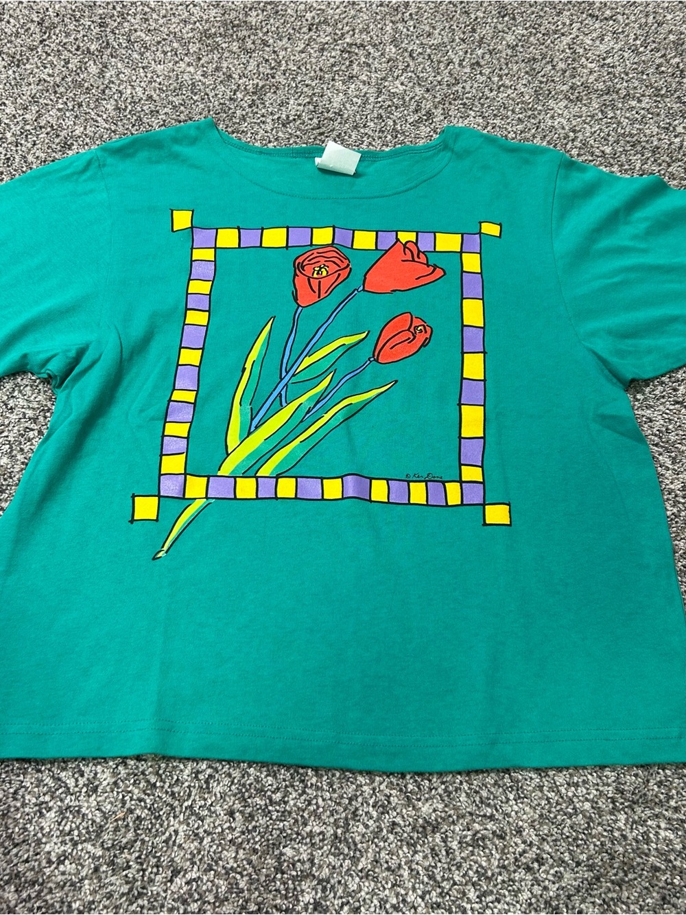 Vintage Art To Wear By Ken Done T Shirt Sz Med Teal Graphic Roses 100% Cotton